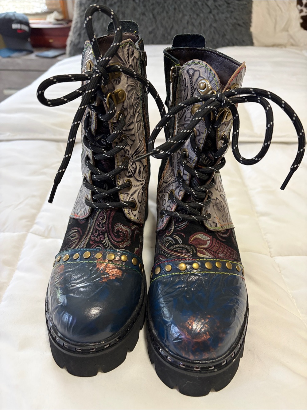 Lace-Up Paisley Combat Boots in Blue and Black